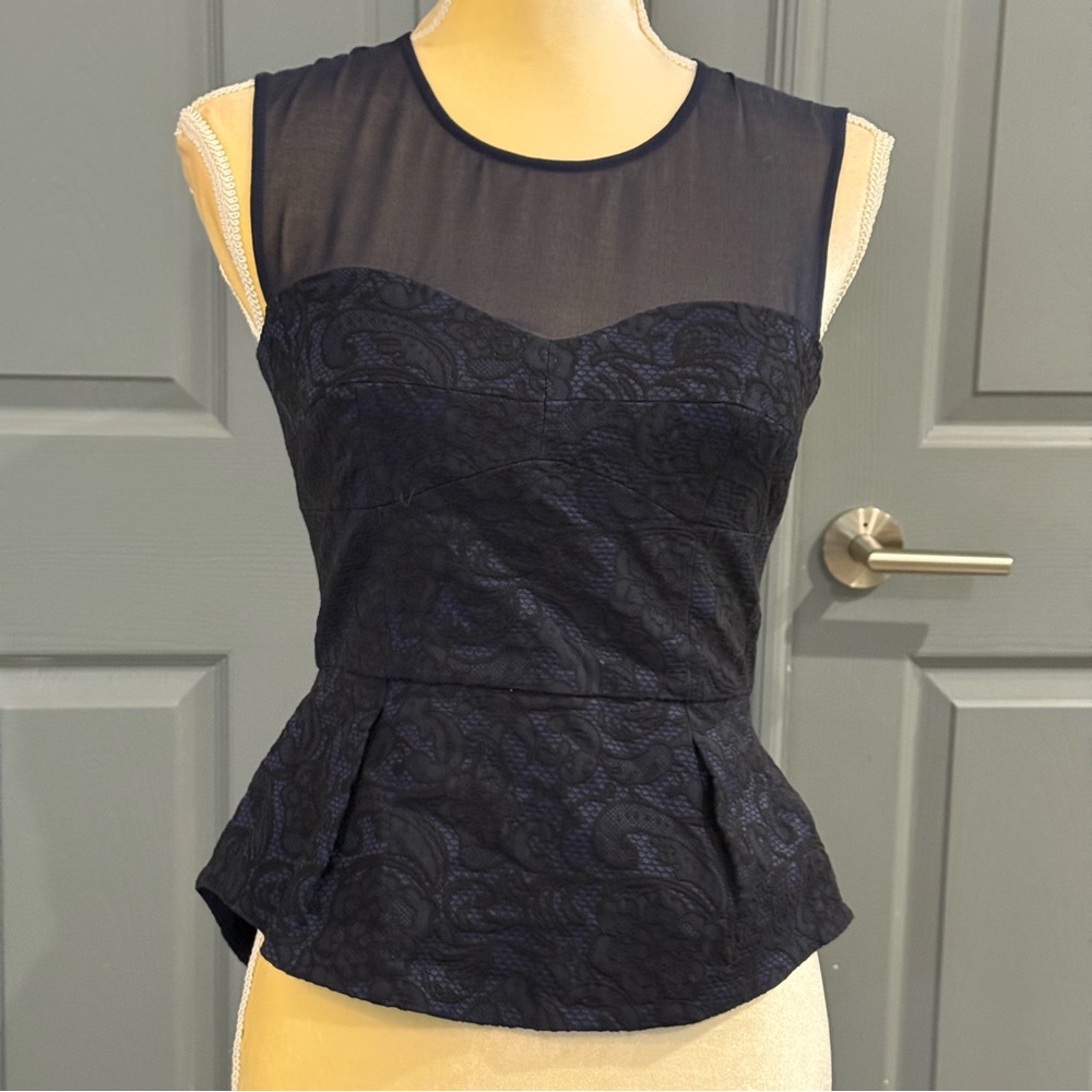 BCBGMaxAzria Navy Lace Peplum Top